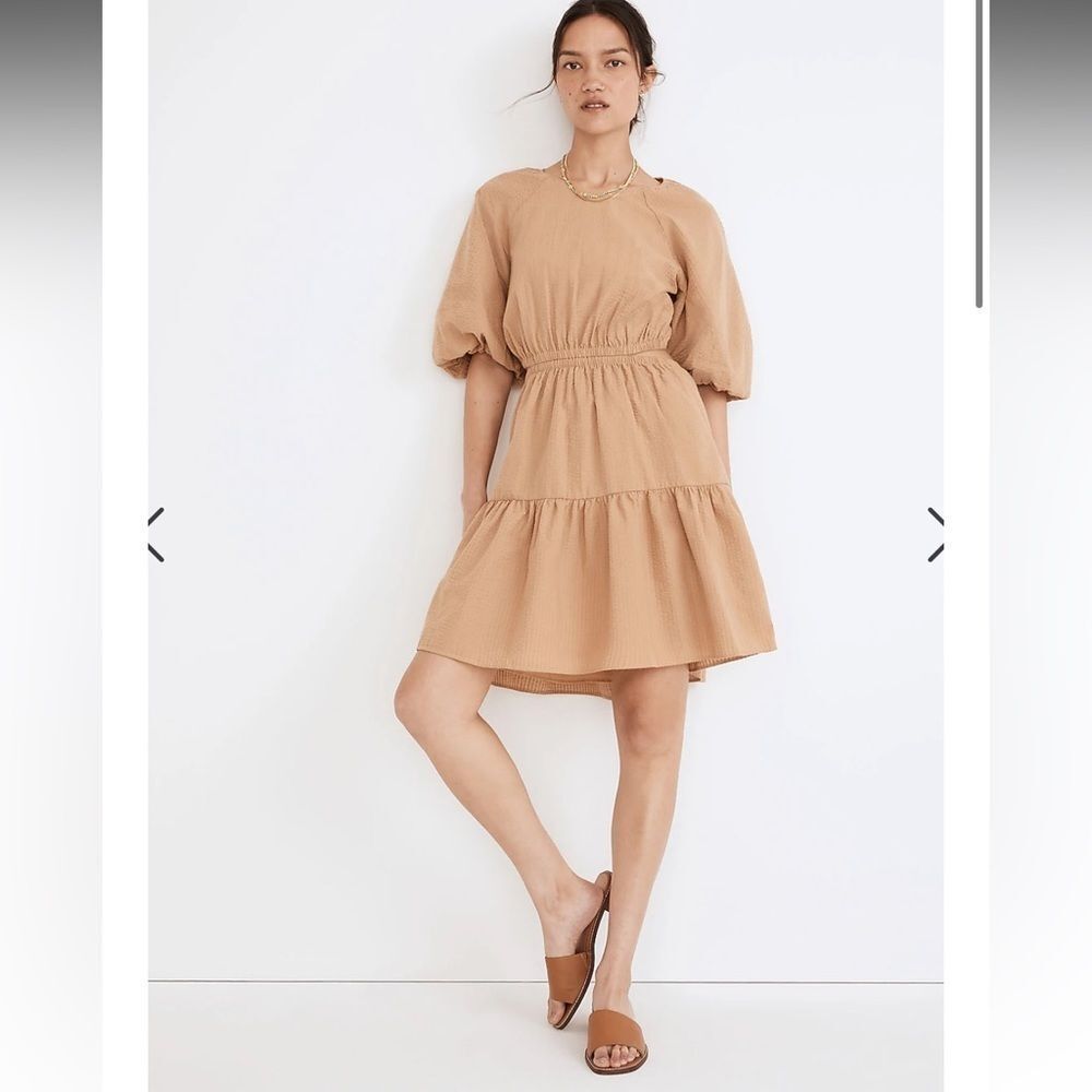 Women’s Madewell Seersucker Puff-Sleeve Cutout Mini Dress in Seed Khaki, size 12